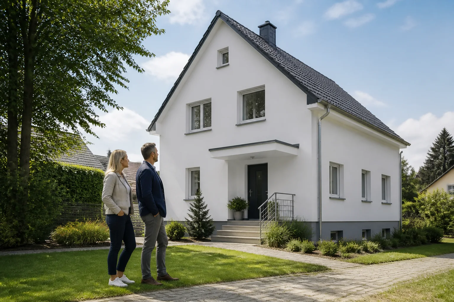 Zwei Suchende betrachten ein schlichtes deutsches Wohnhaus